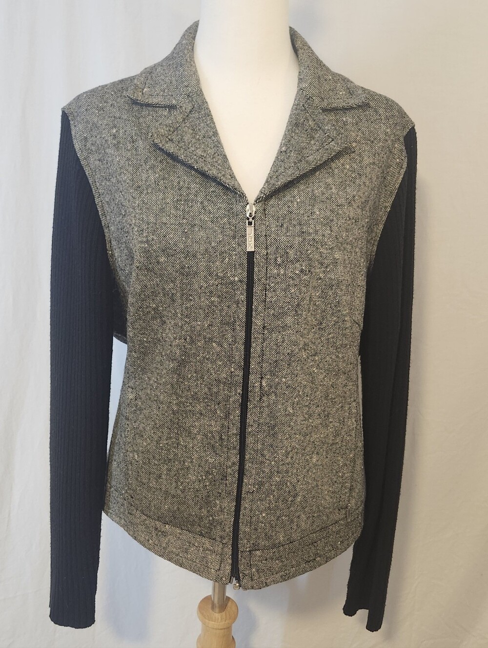 Jax-ll Women's Grey Tweed Zip Front Jacket with Black Knit Sleeves